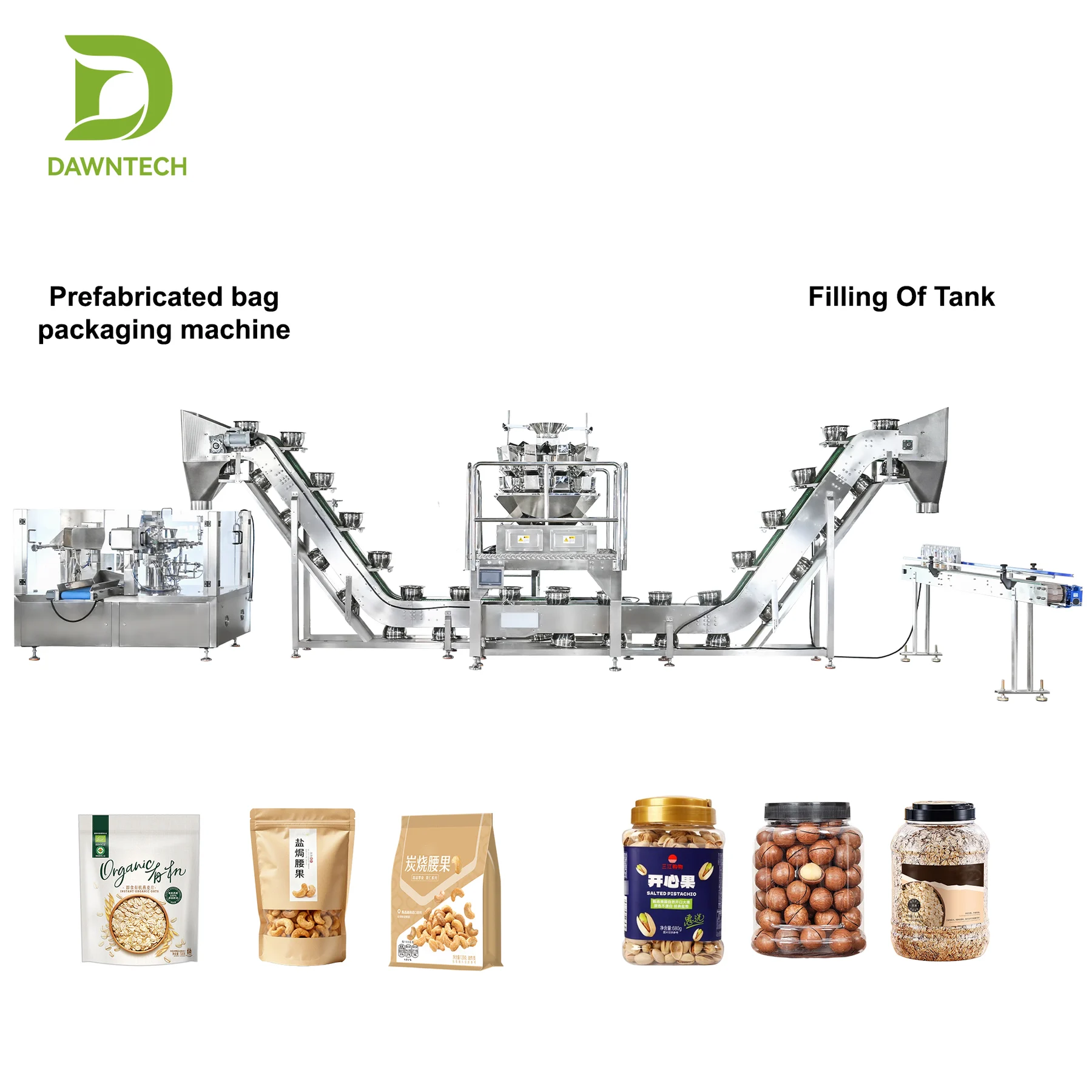 Granule pouch packaging and container-filling line