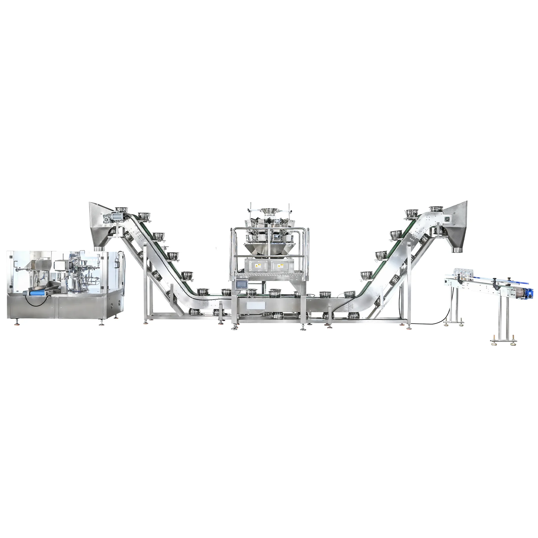 Granule pouch packaging and container-filling line