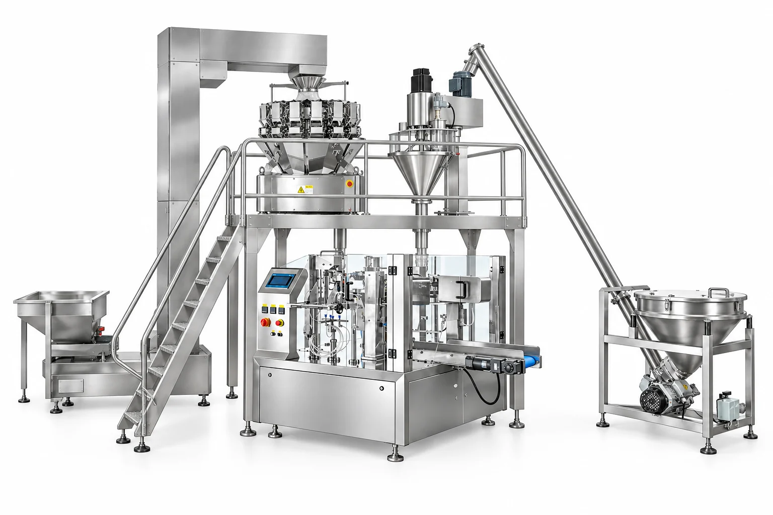 Premade pouch line with powder and granule dosing