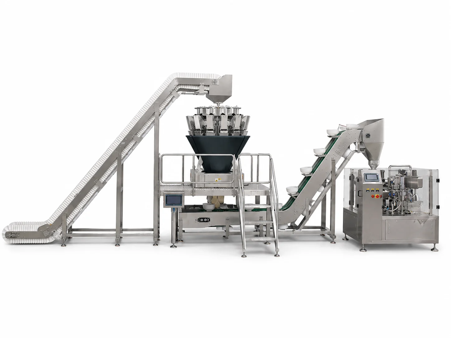 Premade pouch line with two-stage feeding