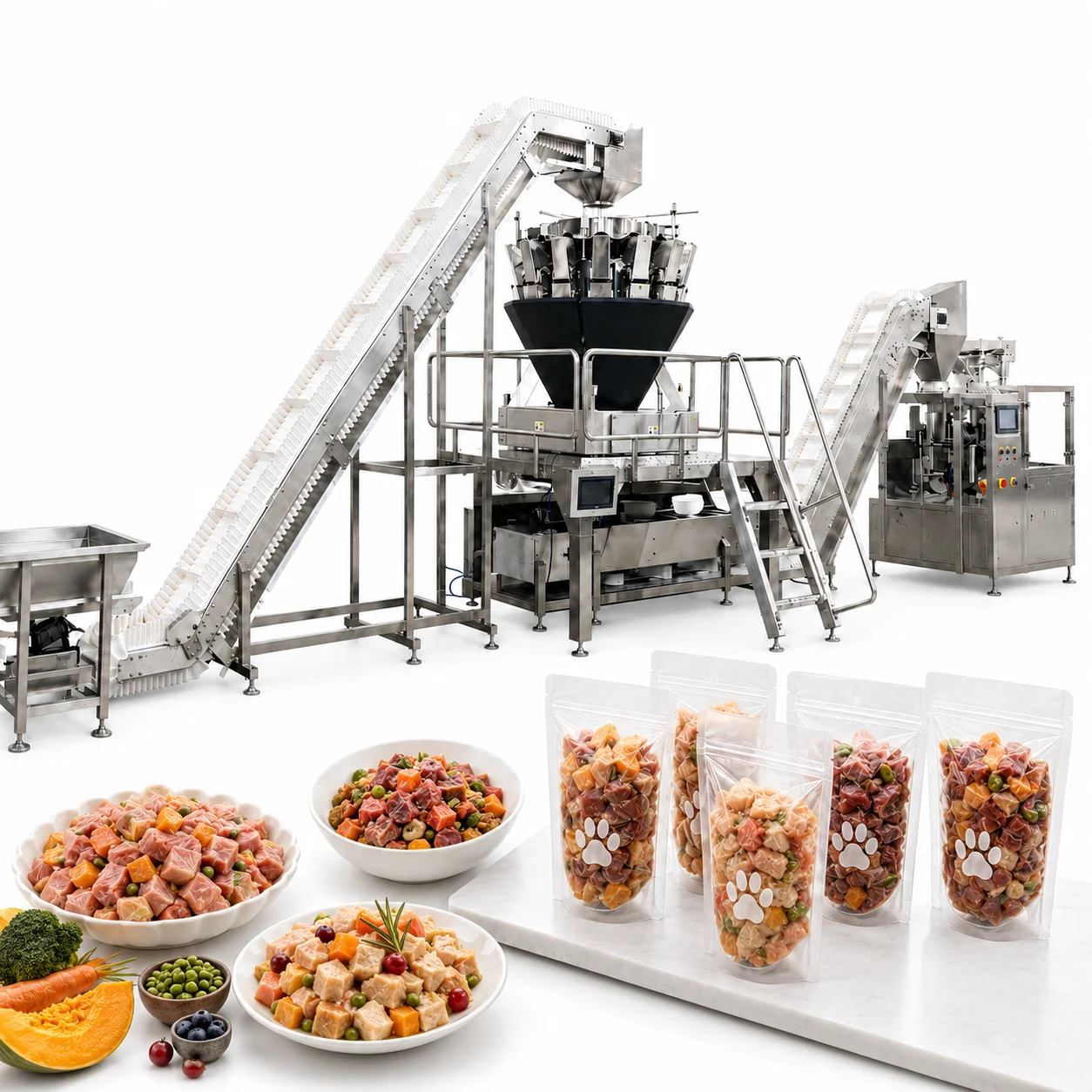 Premade pouch line with two-stage feeding