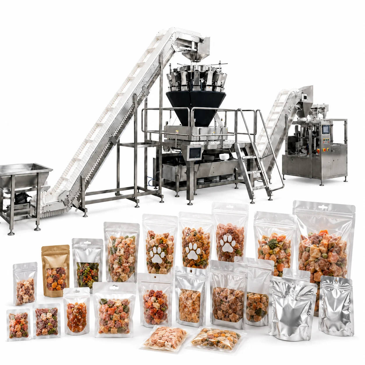 Premade pouch line with two-stage feeding